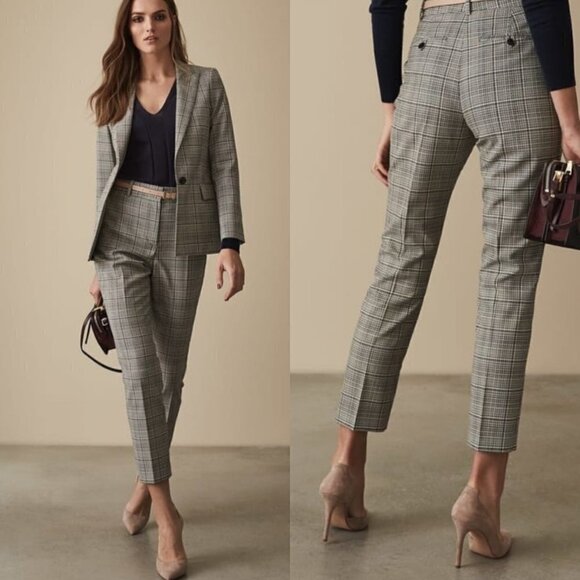 Reiss Alenna Slim Fit Tailored Trousers Black/White Plaid Work Pant Size 12 - Picture 1 of 6